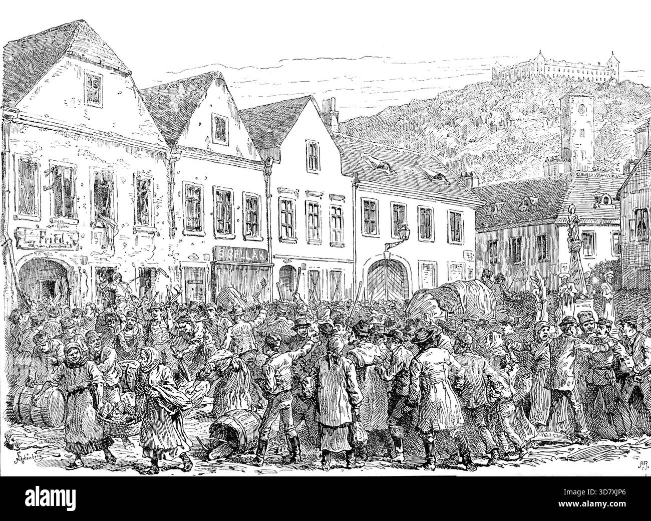 Die Arbeiterbewegung in Osterreich: Unruhen in Fulneck, Mähren, 1890. "Demonstrationen der Arbeiter, die liberalere Beschäftigungsbedingungen beanspruchen, am Donnerstag, 1. Mai... es gab schwere Unruhen in mehreren Provinzstädten in Mähren und Schlesien, in Fulneck und Bielitz, die durch Treffen dieser Klasse eine Woche zuvor anläßlich der Treffen der Klasse eine Woche zuvor... am 23. April versammelten sich tausend Arbeiter auf dem Markt Bielitz, marschierten durch die Straßen und zerschlugen alle Fenster in den Vororten. Jeder Spirituosenladen wurde geplündert und zerstört. Die Bewohner wurden in Panik geraten und schlossen sich in ihre ein Stockfoto