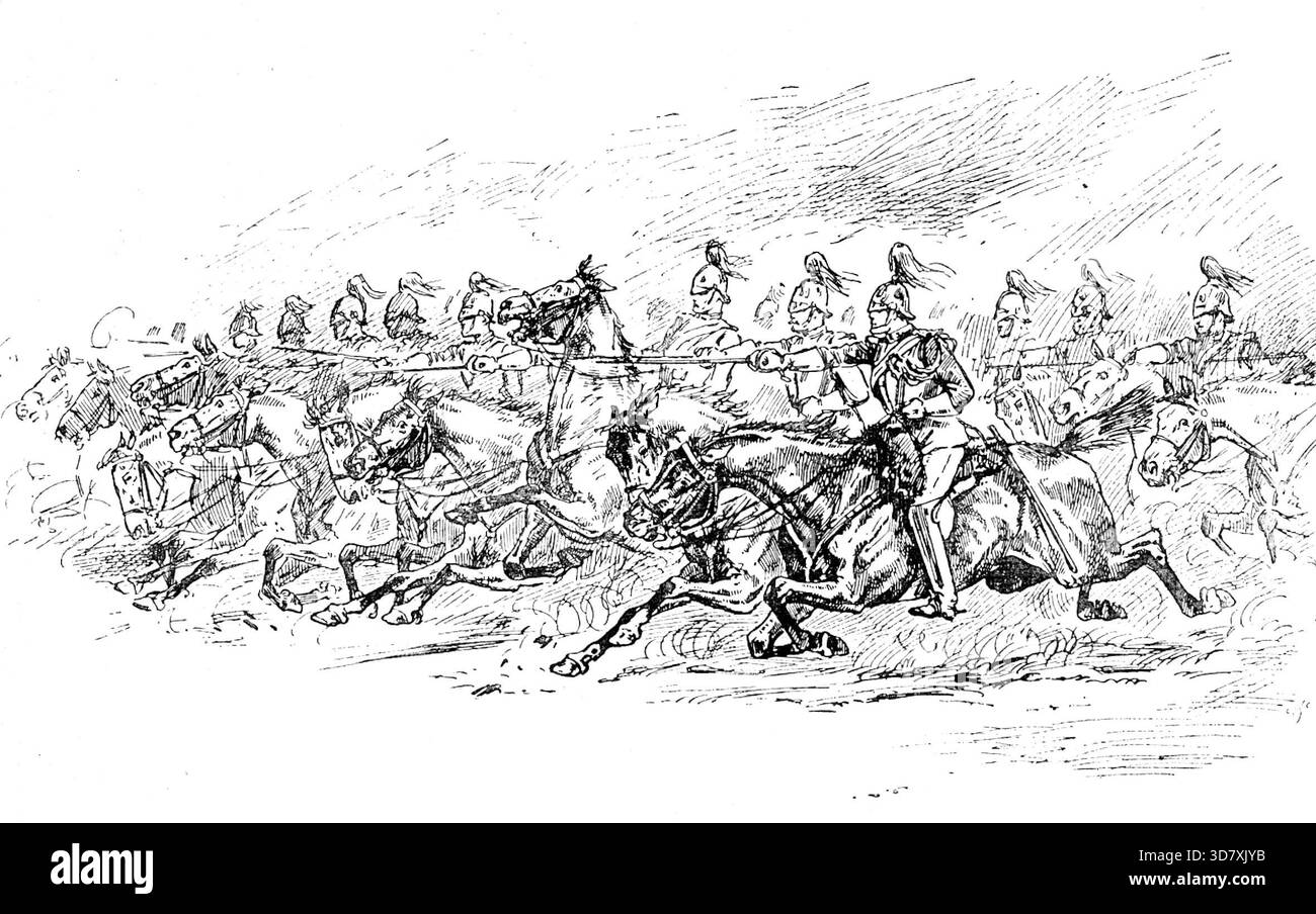 Sketches beim Royal Military Tournament, Agricultural Hall, Islington: Charge of 1st Life Guards, 1890. "Das elfte jährliche Militärturnier wurde von Ihrer Königlichen Hoheit der Herzogin von Albany am Mittwoch, dem 18. Juni, dem Jahrestag der Schlacht von Waterloo, eröffnet. Im Musical Ride of the 1st Life Guards rief der Regimentstrompeter Thomas Callaghan auf dem identischen Bugel, der bei der denkwürdigen Ladung in Waterloo verwendet wurde... die musikalische Fahrt von Lothian und Berwickshire Yeomanry, die feine Darstellung der 1st Life Guards, die musikalische Dumb-Glocke-Drill von der Aldershot Gymnastikmannschaft Stockfoto