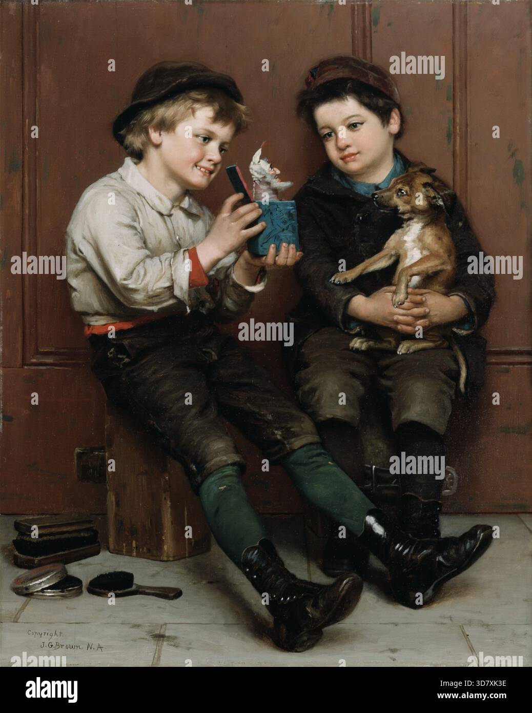 Eine Überraschungsparty, 1888. Zwei Jungs und ein Hund mit einem Wagenheber in der Box. Auf dem Boden befinden sich vergessene Bürsten und schuhpolitur. Stockfoto