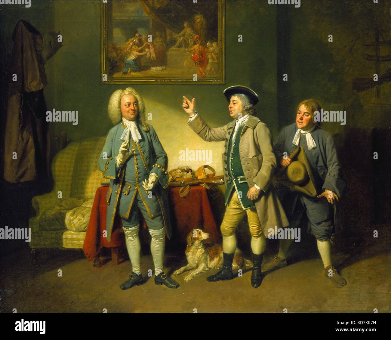 Szene aus "Love in a Village", 1767. Zoffany gilt als einer der frühesten Historiker des englischen Theaters, da er die Dramen seiner Zeit dokumentierte. Anstatt Schauspieler in Kostümen zu posieren, arrangierte er sie informell auf der Bühne wie während einer Performance und produzierte eine Variation des populären Gruppenporträtstils, genannt „Gesprächsstück“. Isaac Bickerstaffes Love in a Village eröffnete am 8. Dezember 1762 in Covent Garden mit Edward Shuter, John Beard und John Dunstall in der Besetzung. Zoffany stellt den Bart dar, der die Mot des Charakters ausspricht Stockfoto