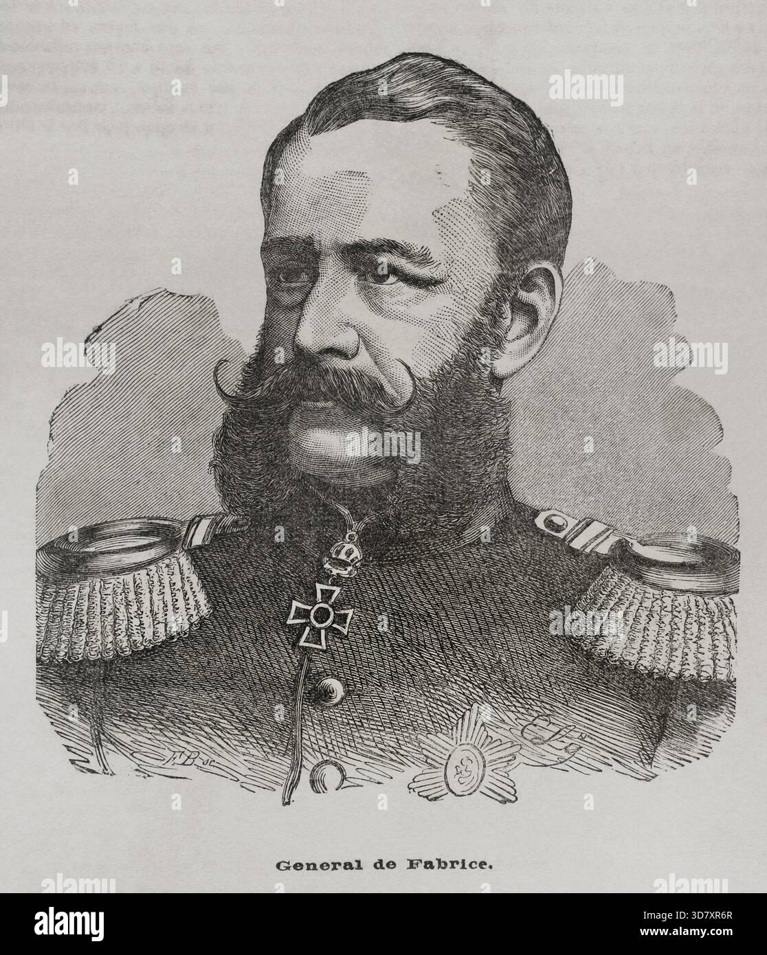 Alfred von Fabrice, (1818–1891), sächsischer Kavallerie-General und Politiker, 1871. Kriegsminister (1866–1891) und Regierungspräsident des Königreichs Sachsen (1876–1891). Aus der Historia de la Guerra de Francia y Prusia (Geschichte des Krieges zwischen Frankreich und Preußen, Band II, veröffentlicht in Barcelona, 1871. Stockfoto