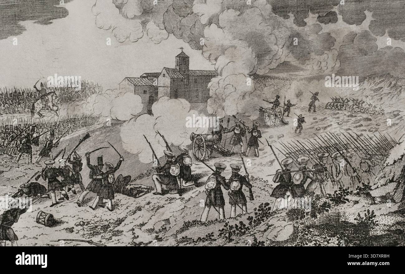 First Carlist war, (1833-1840), Action of LarrasoañA, (24. Juni 1836), Navarra, 1845. die karlistischen Truppen unter dem Kommando von General Francisco GARCíA beherrschten das Hochland von LarrasoañA, ein Ort, von dem aus sie die von den Isabellinen befestigten Punkte angreifen konnten. Konfrontation mit den liberalen Truppen unter dem Kommando von Baron de Meer, die besiegt wurden. Von „Panorama Español, CRóNica Contemporánea“, Band III, Madrid, 1845. Stockfoto