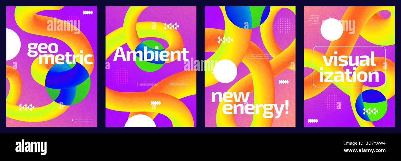 Lebendiges geometrisches Posterset mit gekrümmten 3D-Linienformen. Design für kreative Flyer-, Banner- oder Poster-Cover-Vorlagen Stock Vektor