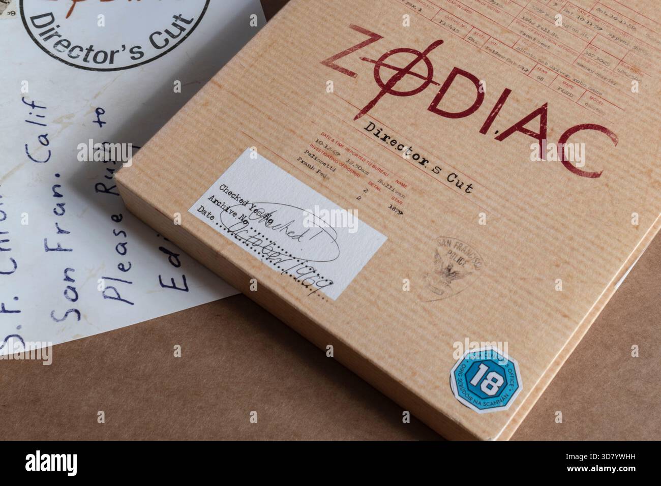 „Zodiac“ Director’s Cut DVD-Box mit Briefeinlage, isoliert auf hellem, glattem Hintergrund. Stockfoto