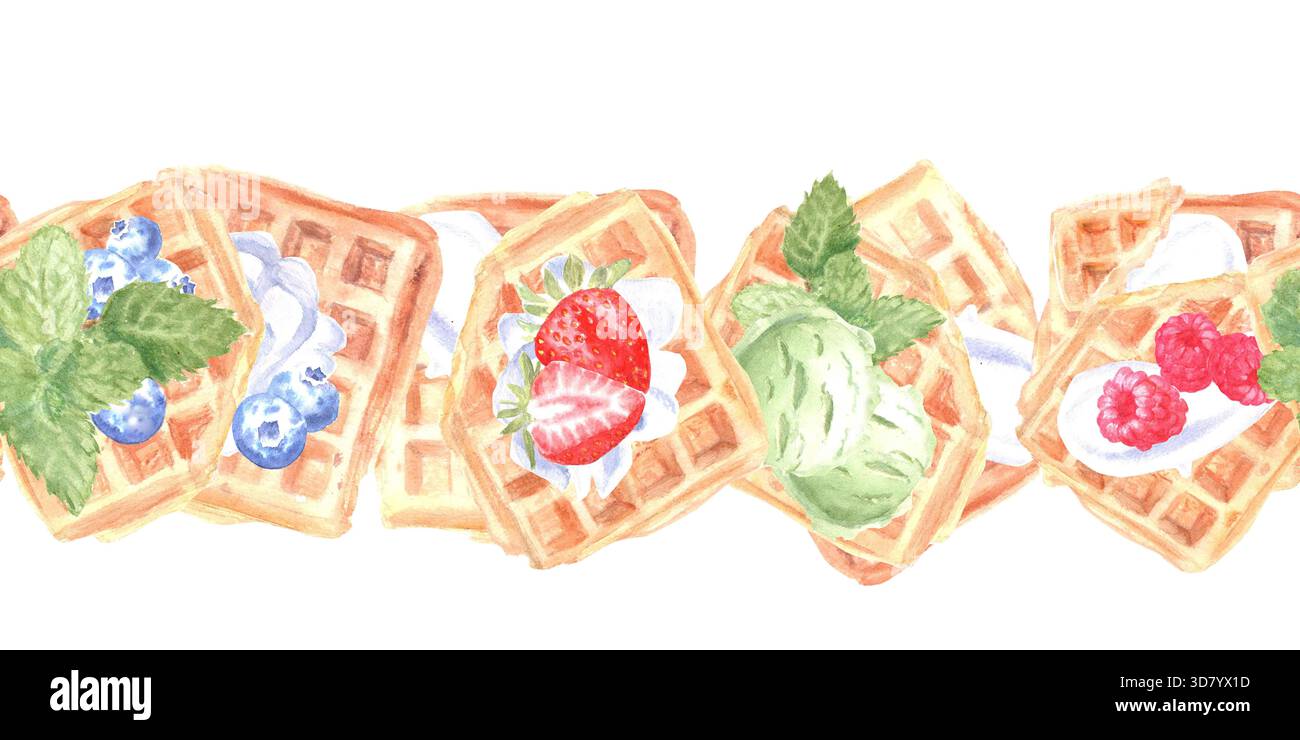 Eine nahtlose horizontale Grenze mit belgischen Waffeln, Himbeeren, Heidelbeeren, Erdbeeren, Schlagsahne, und Mint, mit Aquarell auf einem Isolat gemalt Stockfoto