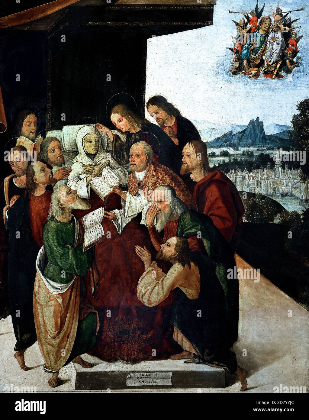 Tod der Madonna durch Michele Messer 1480 - 1543 16. Jahrhundert, Italien, Italienisch.(17. Jahrhundert das Gemälde war in Ferrara in der Sakristei der Kirche San Paolo.) Marias Seele wurde empfangen, von Christus im Moment des Todes, ihr Leib wurde auferstanden, drei Tage später, und sie wurde dann in den Himmel aufgenommen, körperlich. Stockfoto