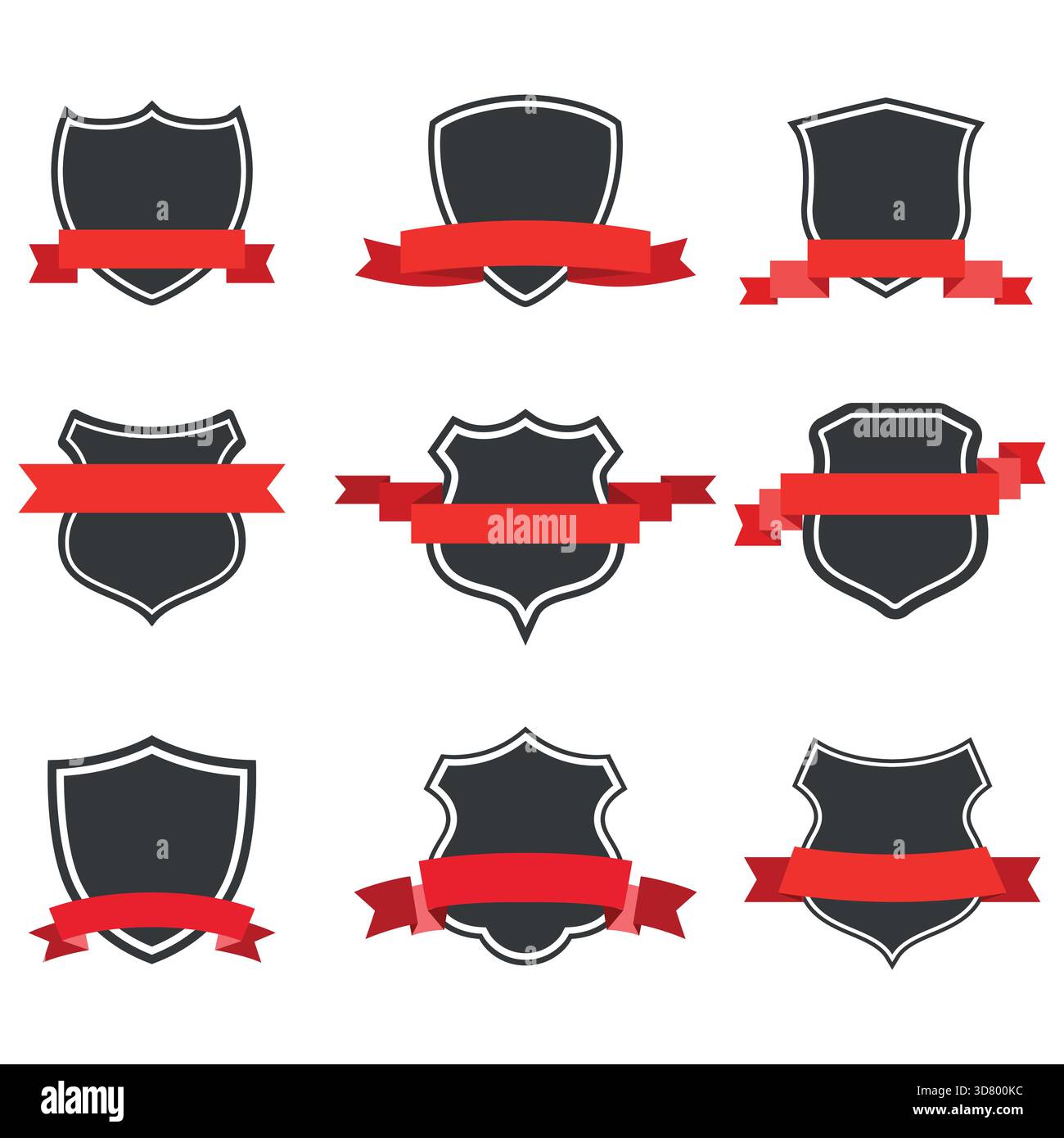 Handgezeichnete Illustration eines Satzes von Schilden mit roten Bändern auf weißem Hintergrund. Stock Vektor
