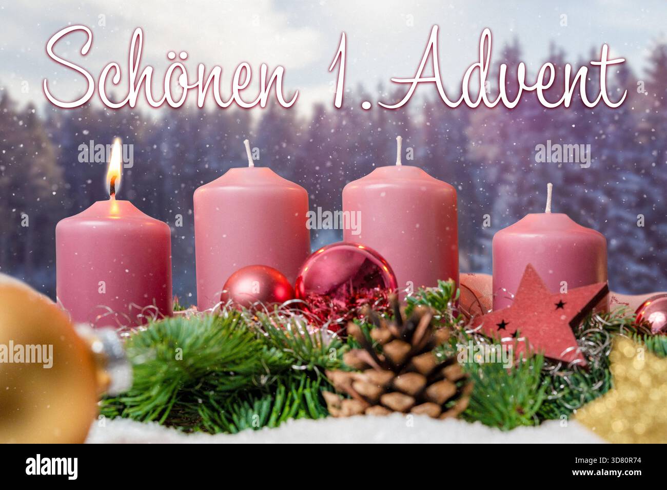 Bayern, Deutschland - 27. November 2025: FOTOMONTAGE, schöner Adventskranz über einem Adventskranz mit der ersten brennenden Kerze in Pink *** FOTOMONTAGE, schön 1 Adventskranz über einem Adventskranz mit der ersten brennenden Kerze in rosa Stockfoto