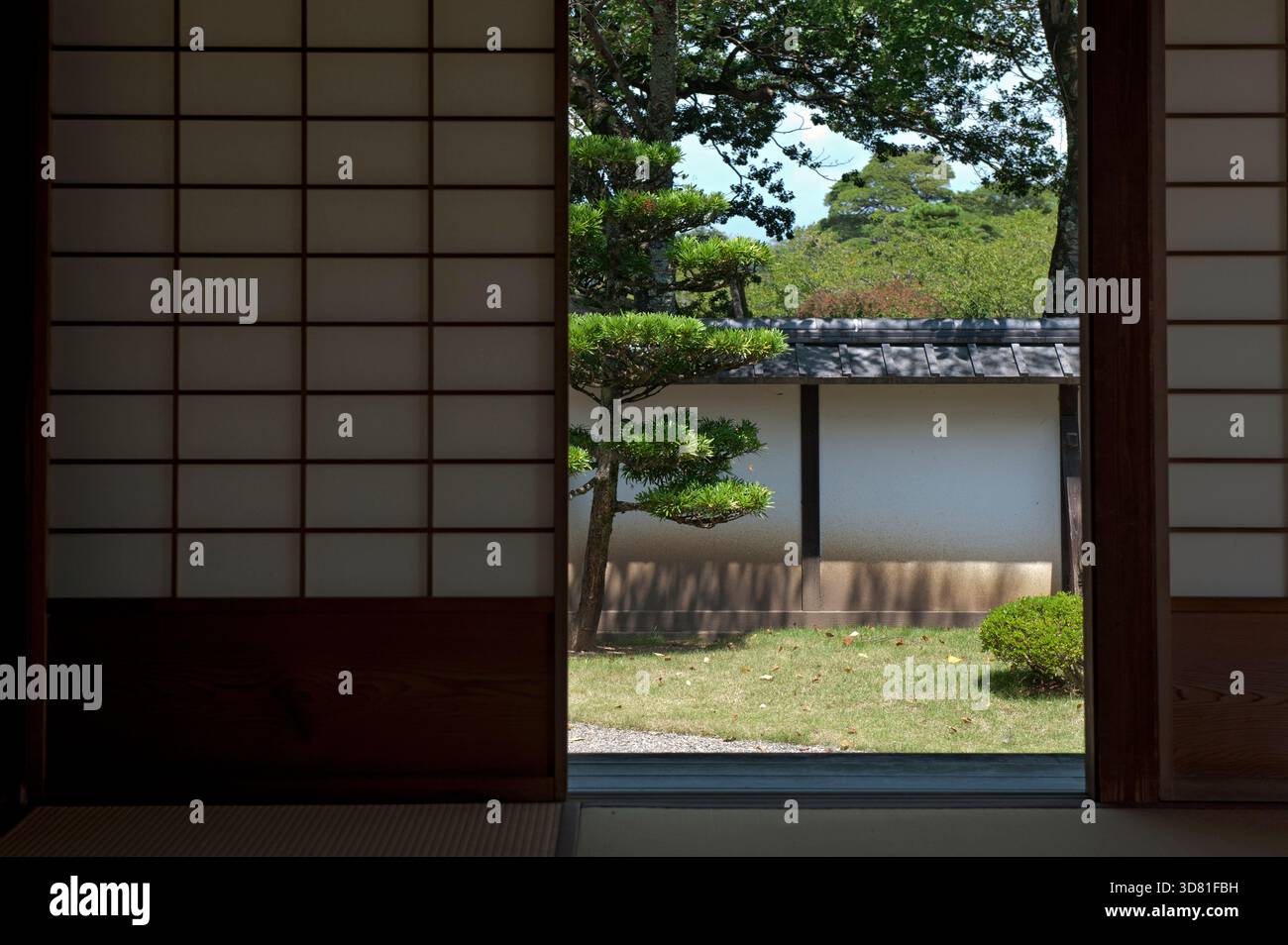 Blick durch offene Shoji-Schiebewände eines japanischen Landschaftsgartens im Hikone Castle Museum, Shiga, Japan. Stockfoto