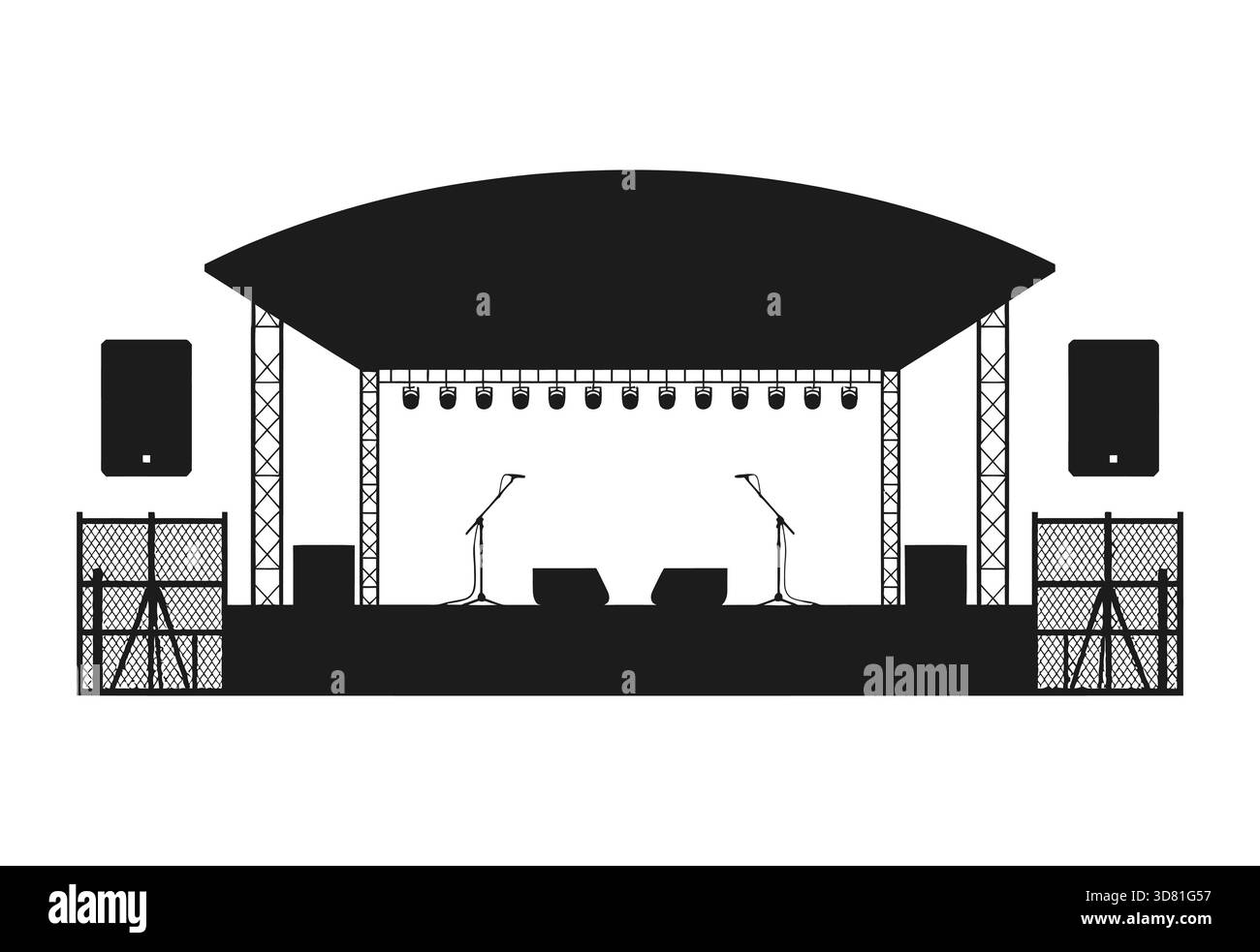 Konzertbühne im Freien mit Ton- und Beleuchtungsausstattung Stock Vektor