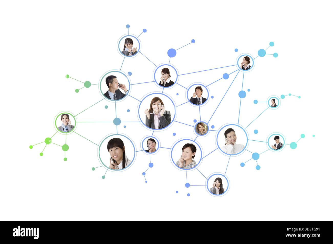 Geschäftsnetzwerk, asiatische Geschäftsleute verwenden Mobiltelefone, um auf weißem Hintergrund miteinander zu kommunizieren Stockfoto
