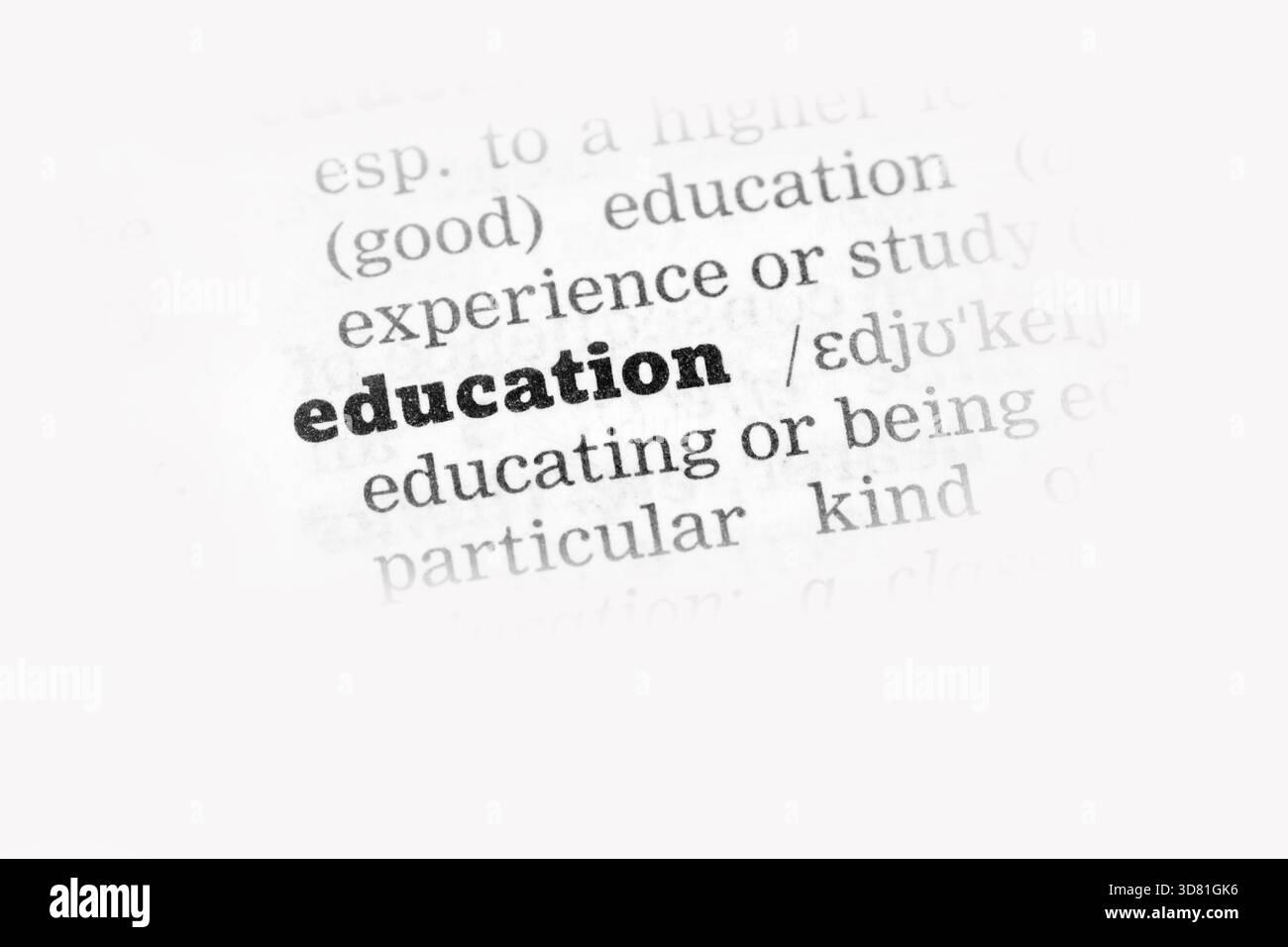 Bildung Wörterbuchdefinition Einzelwort mit soft focus Stockfoto