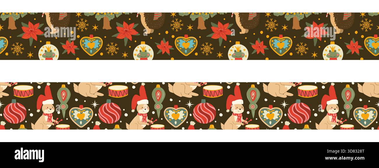 Weihnachtliches Randmuster mit festlichen Ornamenten und Hase im Weihnachtsmann-Hut. Nahtloses Weihnachtsdesign mit verzierten Baumelementen auf dunklem Hintergrund Stock Vektor