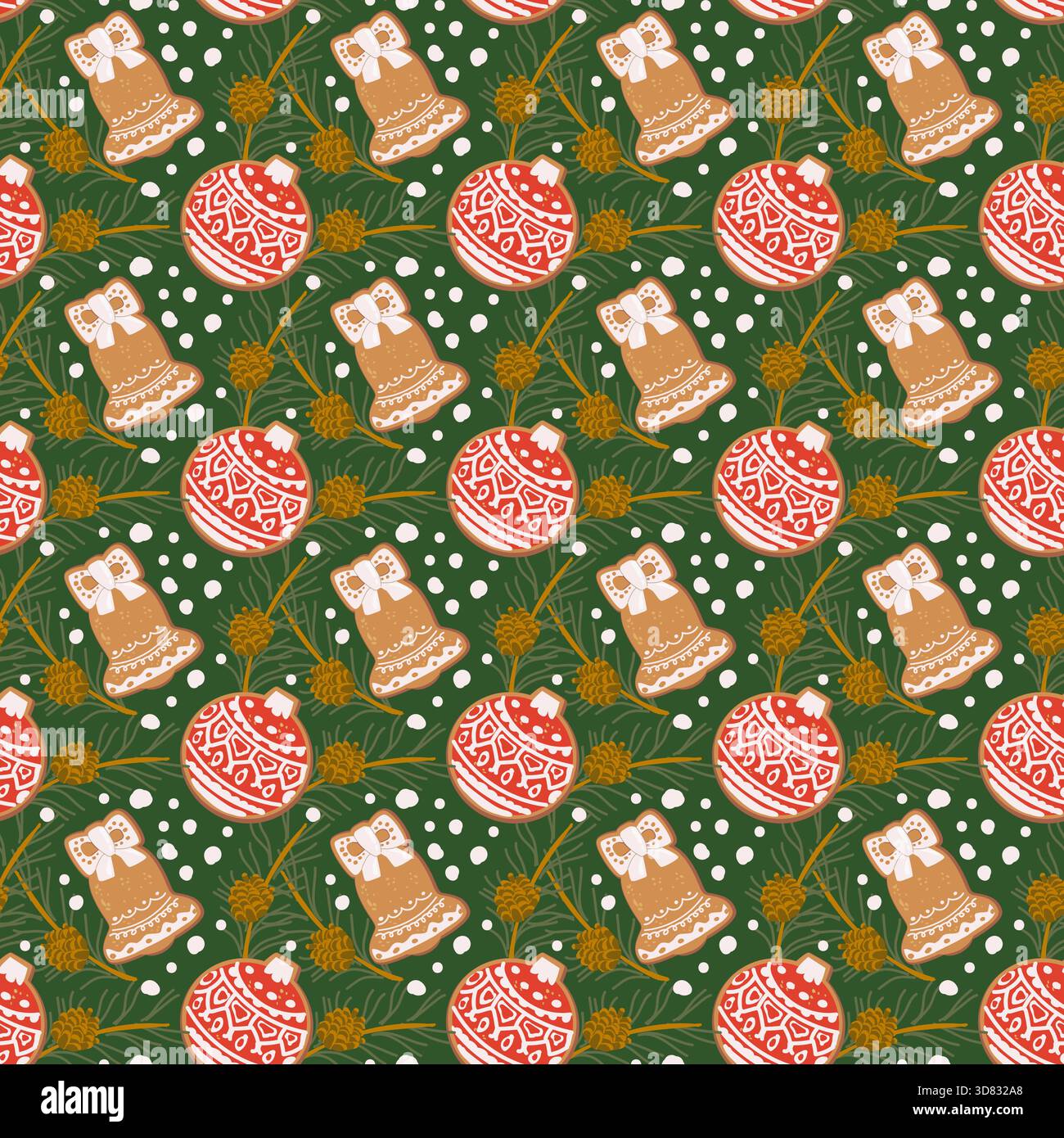 Nahtloses Weihnachtsmuster mit Lebkuchenglocke, festlichen Keksen, winterlichen botanischen Elementen und Weihnachtsdekorationen. Gemütliches, wiederkehrendes Hinterland Stock Vektor