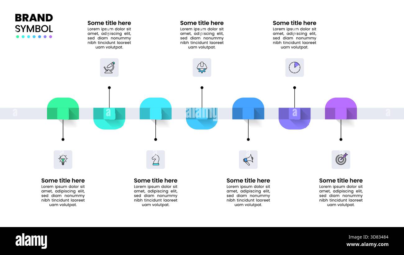 Infografik-Vorlage mit Symbolen und 7 Optionen oder Schritten. Horizontale Linie. Kann für Workflow-Layout, Diagramm, Banner und Webdesign verwendet werden. Vektorillustrat Stock Vektor