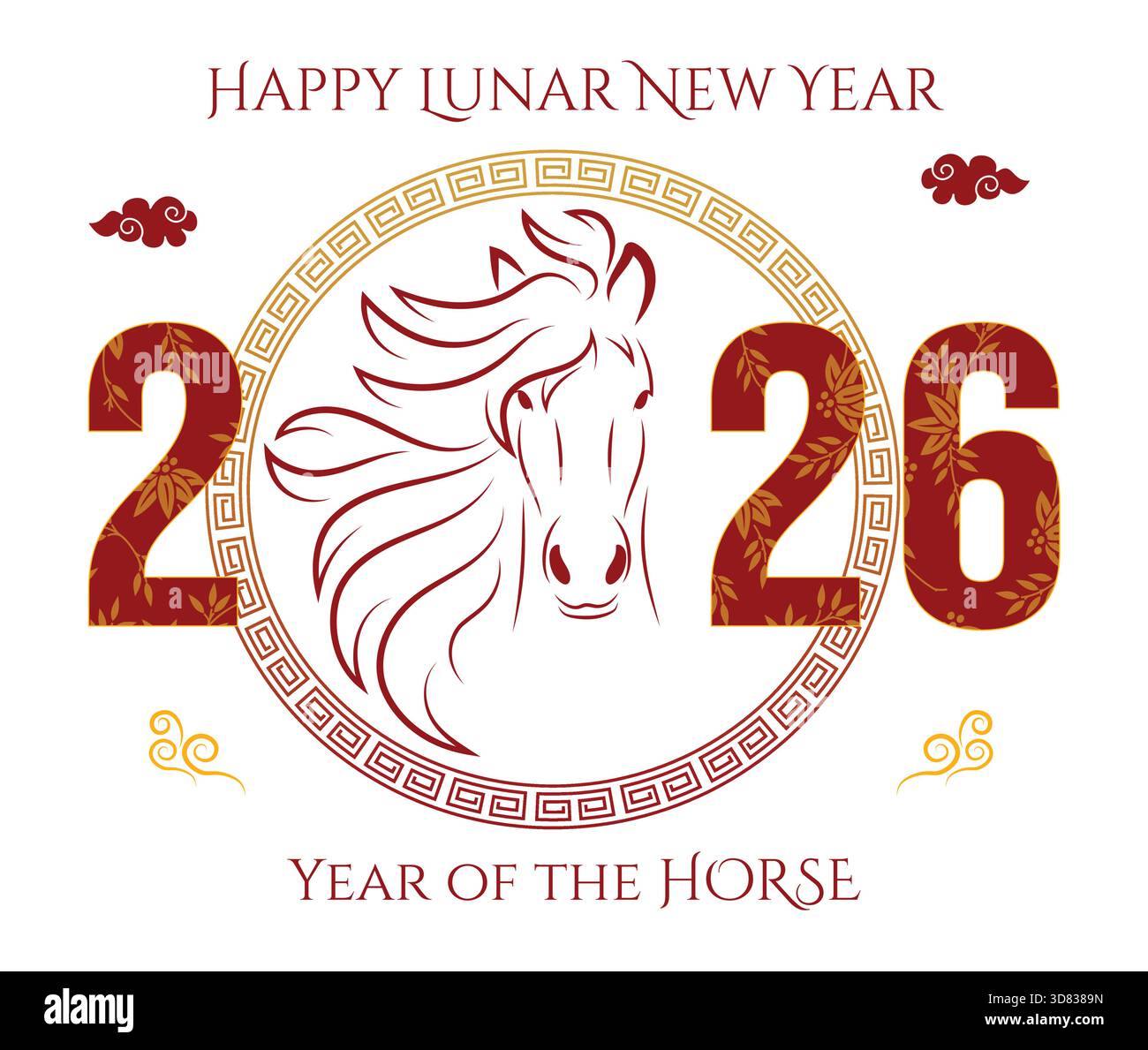 Mondneujahr 2026 Jahr des Pferdes Design mit chinesischem Zodiac Pferdekopf, Rot und Gold festlicher Muster Illustration Stock Vektor