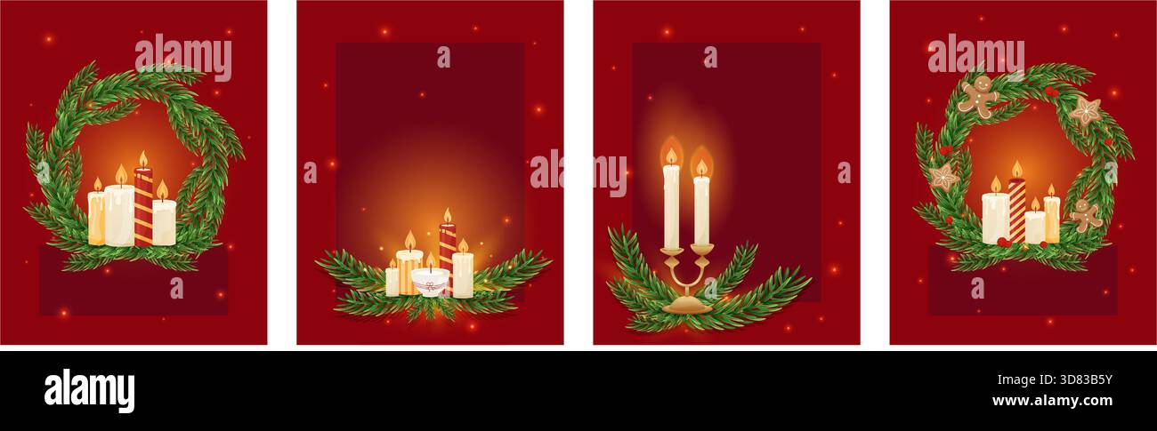 Set von Grußkarten mit brennenden Kerzen und Kieferkränzen, festliche Einrichtung, Weihnachten und Winterferien Stock Vektor