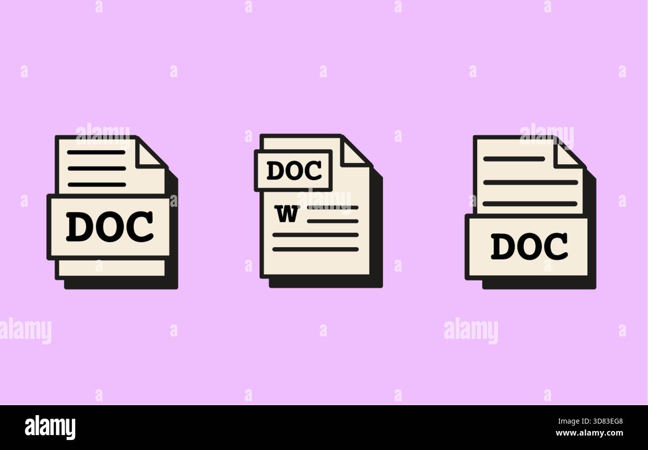 Symbole für Dokumentdateien in Retro-Vaporwave-Optik. Nostalgische Symbole für Bürosoftware mit flachem Design für digitalen Arbeitsbereich, App-Schnittstelle oder Technologie Stock Vektor