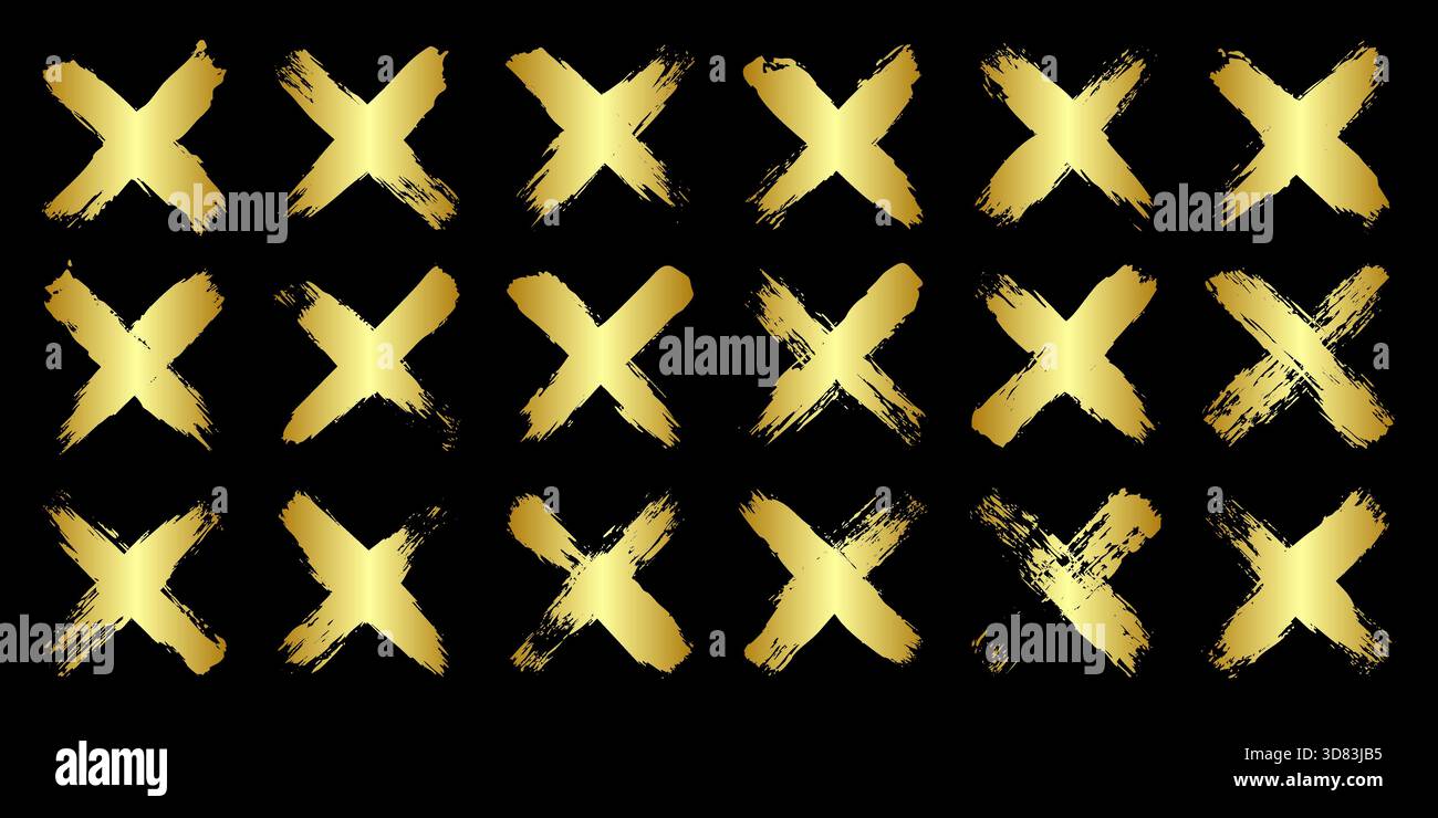 Goldene Grunge-Kreuze, Pinselstriche, Linien, Tintenflecken, handgezeichnete Kritzelformen. Handgemachte, skizzenhafte Markierungen, Acrylflecken, Holzkohlestreifen. Farbe Stock Vektor