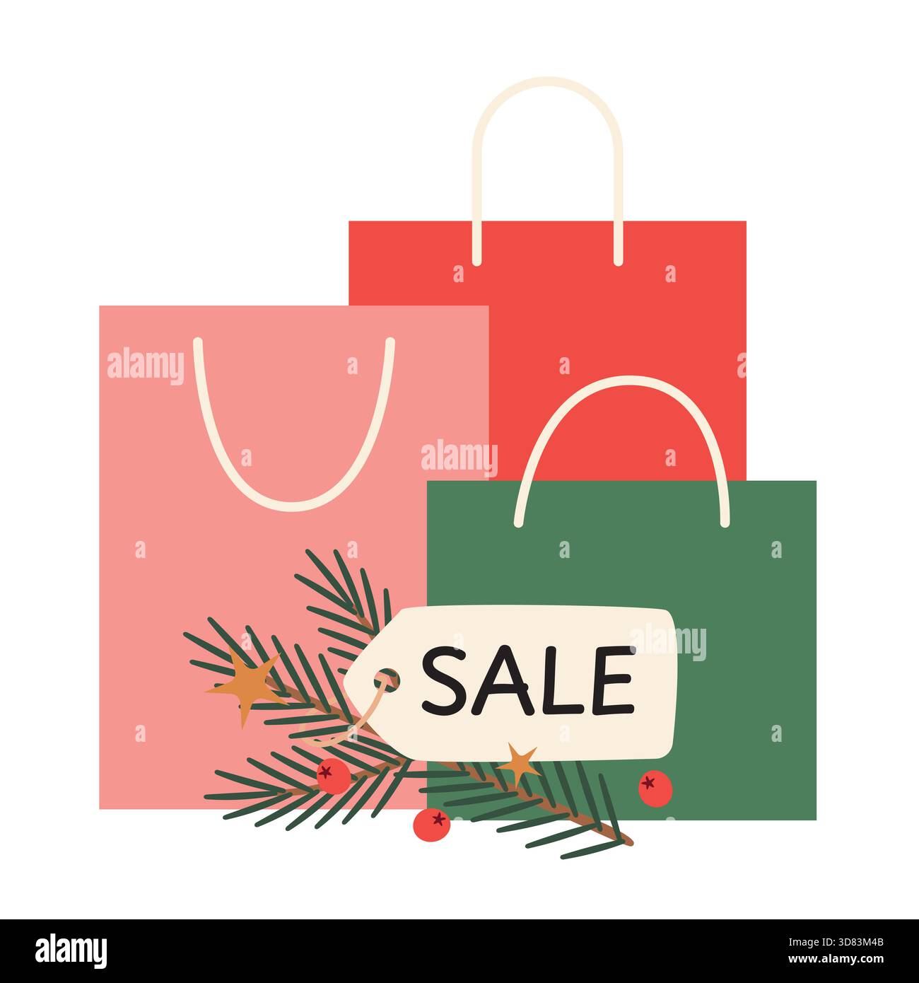 Verkaufspreis mit Tannenzweig, Beeren, goldenen Sternen und Einkaufstasche, perfekt für Urlaubsrabatte, Aktionen und Winterverkauf - Vektorillustration Stock Vektor