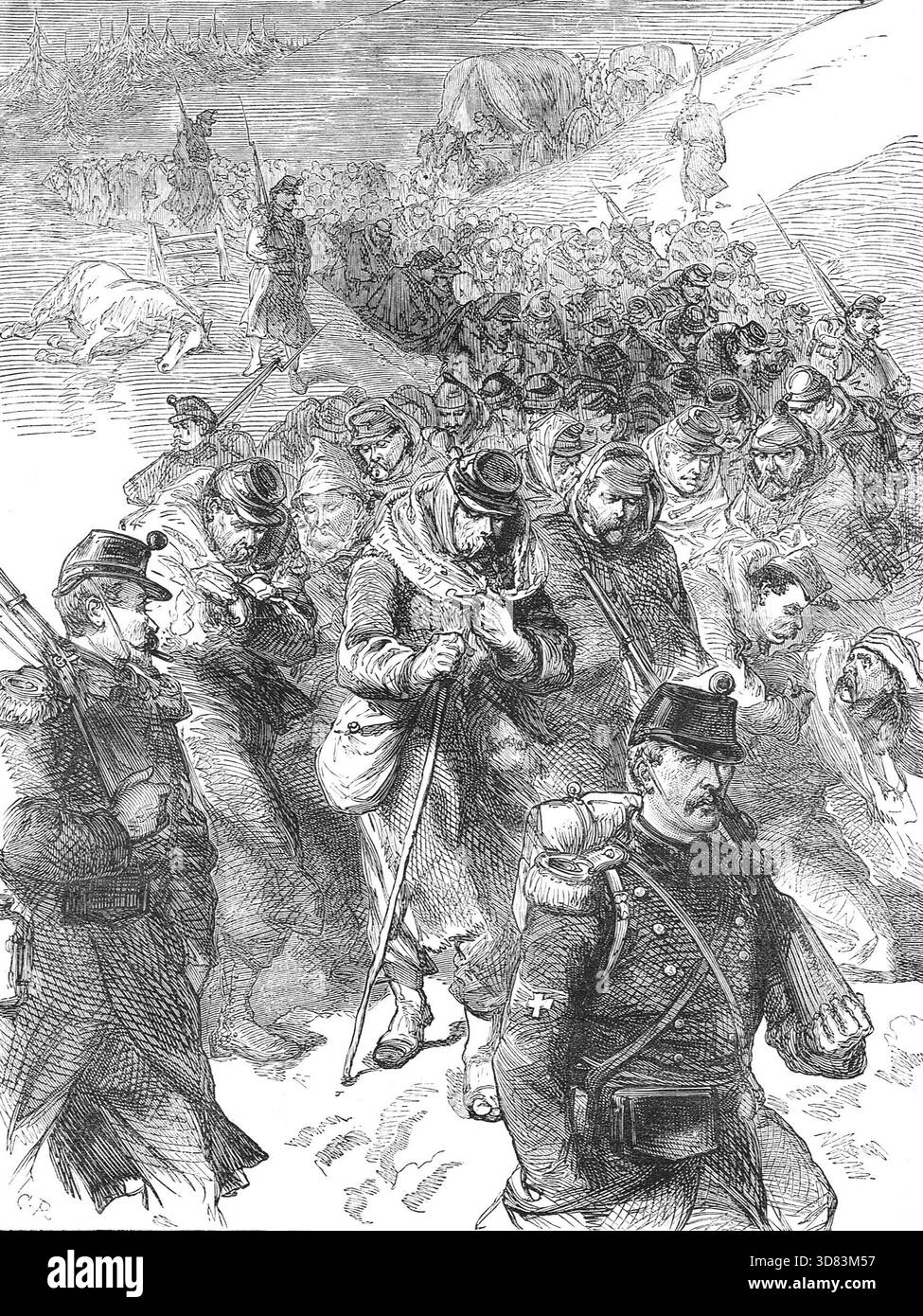 Bourbakis Rückzug in die Schweiz während des Deutsch-Französischen Krieges. Die französische Armee des Ostens, angeführt von General Bourbaki, wurde nach der Niederlage in der Schlacht von Lisaine zum Rückzug gezwungen. Stockfoto