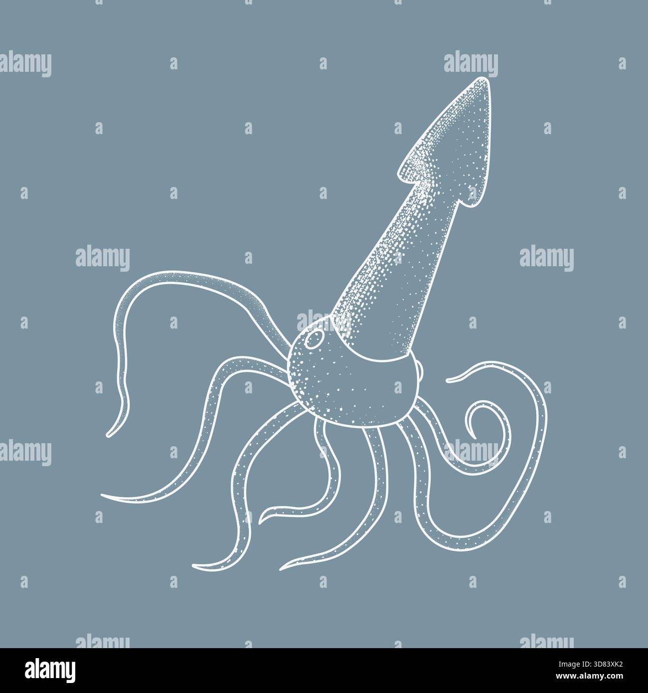 Handgezeichnete Vektorillustration eines Tintenfisches auf blauem Hintergrund. Minimalistische Linienart Meeresbewohner mit schmeichelnder Textur. Perfekt für nautisches Design Stock Vektor