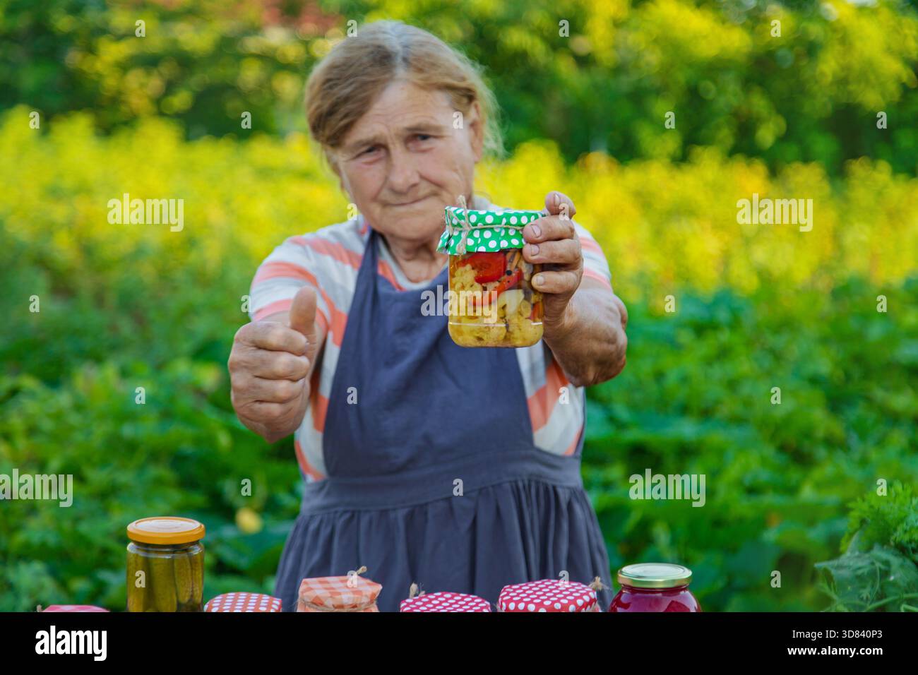 Ältere Frau, die Gemüse in Gläsern konservieren. Selektiver Fokus. Essen. Stockfoto