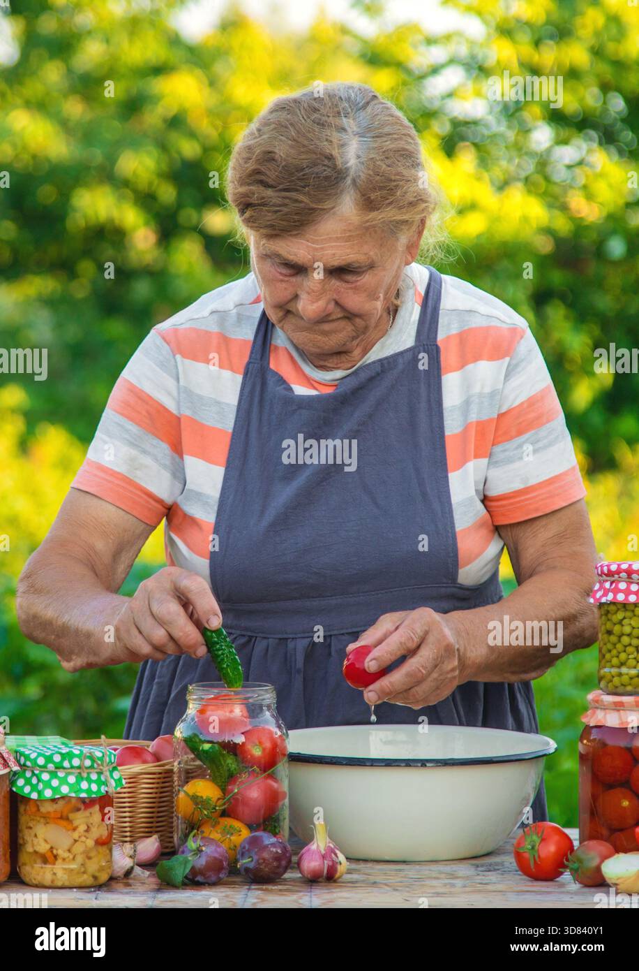 Ältere Frau, die Gemüse in Gläsern konservieren. Selektiver Fokus. Essen. Stockfoto