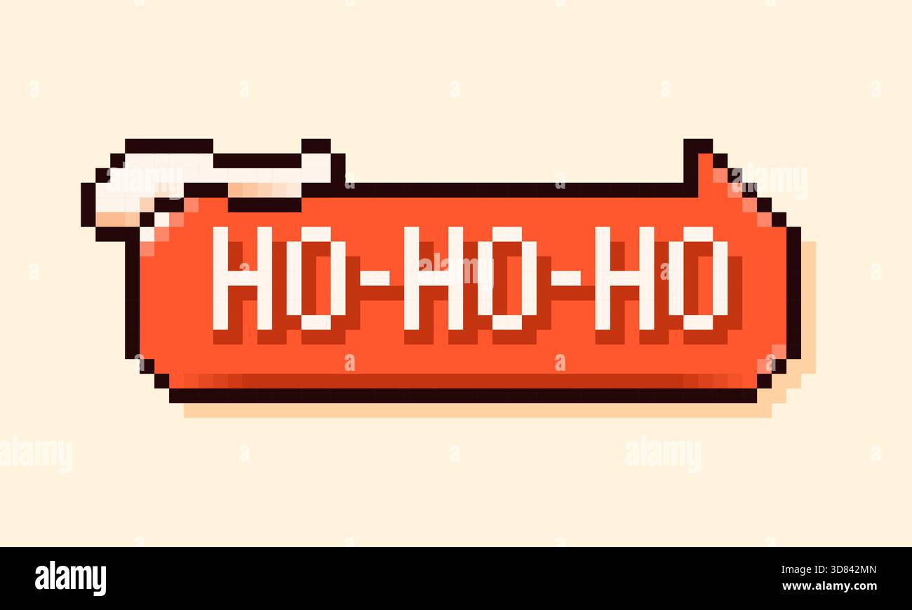 Pixel Art Weihnachtsblase mit Text ho-ho-ho und Schneehaufen. Stock Vektor