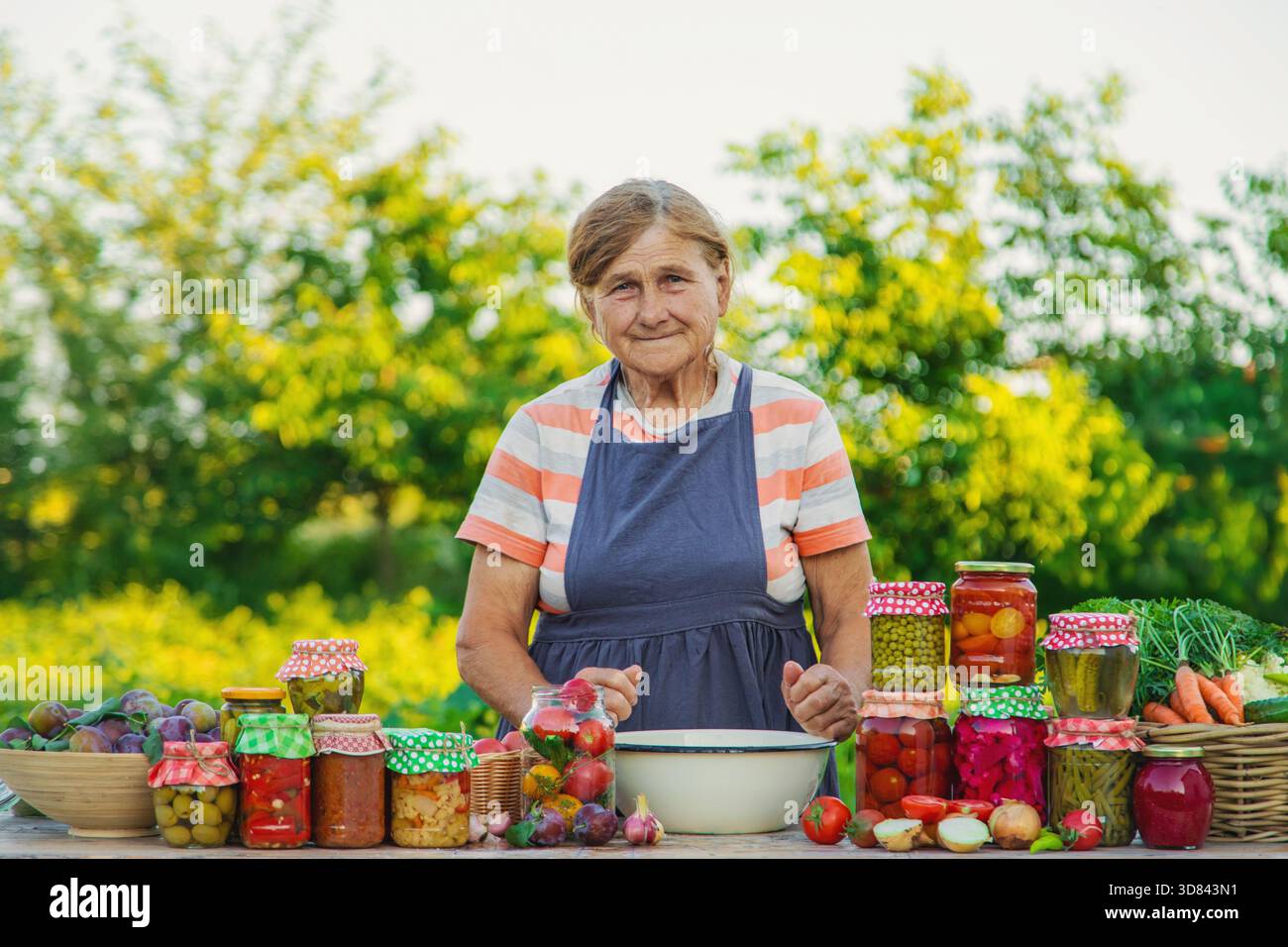 Ältere Frau, die Gemüse in Gläsern konservieren. Selektiver Fokus. Essen. Stockfoto