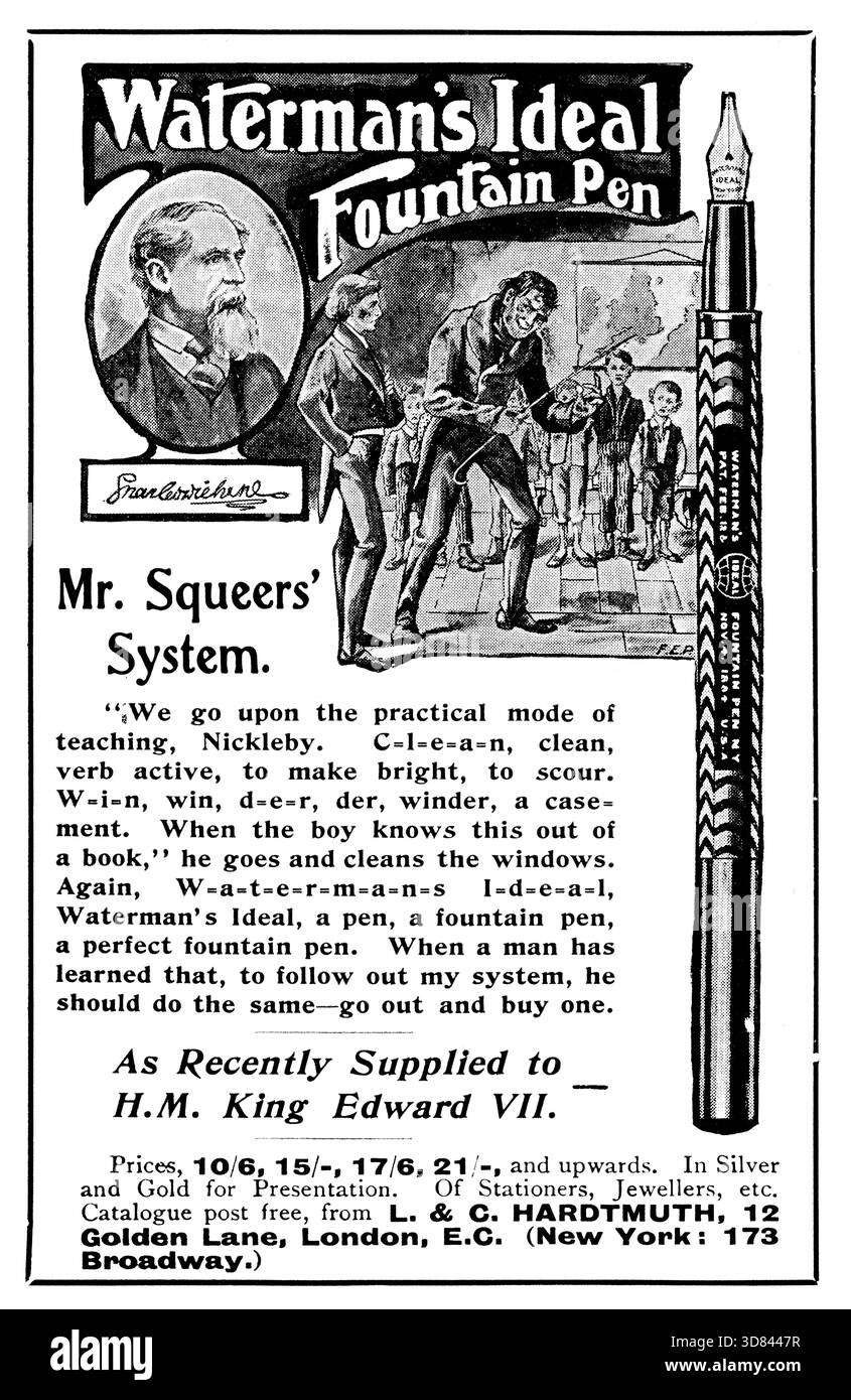 1907 Waterman’s ideal Fountain Pen Mr Squeer’s System Werbespot aus dem Studio Magazin Stockfoto