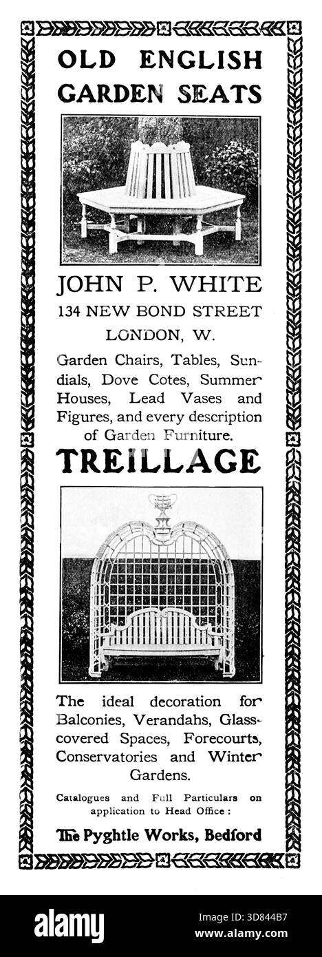 1907 Old English Garden Seats John P White Furniture Werbespot aus dem Studio Magazin Stockfoto