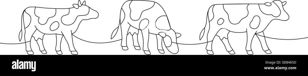 Drei Kühe hintereinander. Durchgehende Umrissskizze, die Viehherde und ländliches Leben symbolisiert Stock Vektor