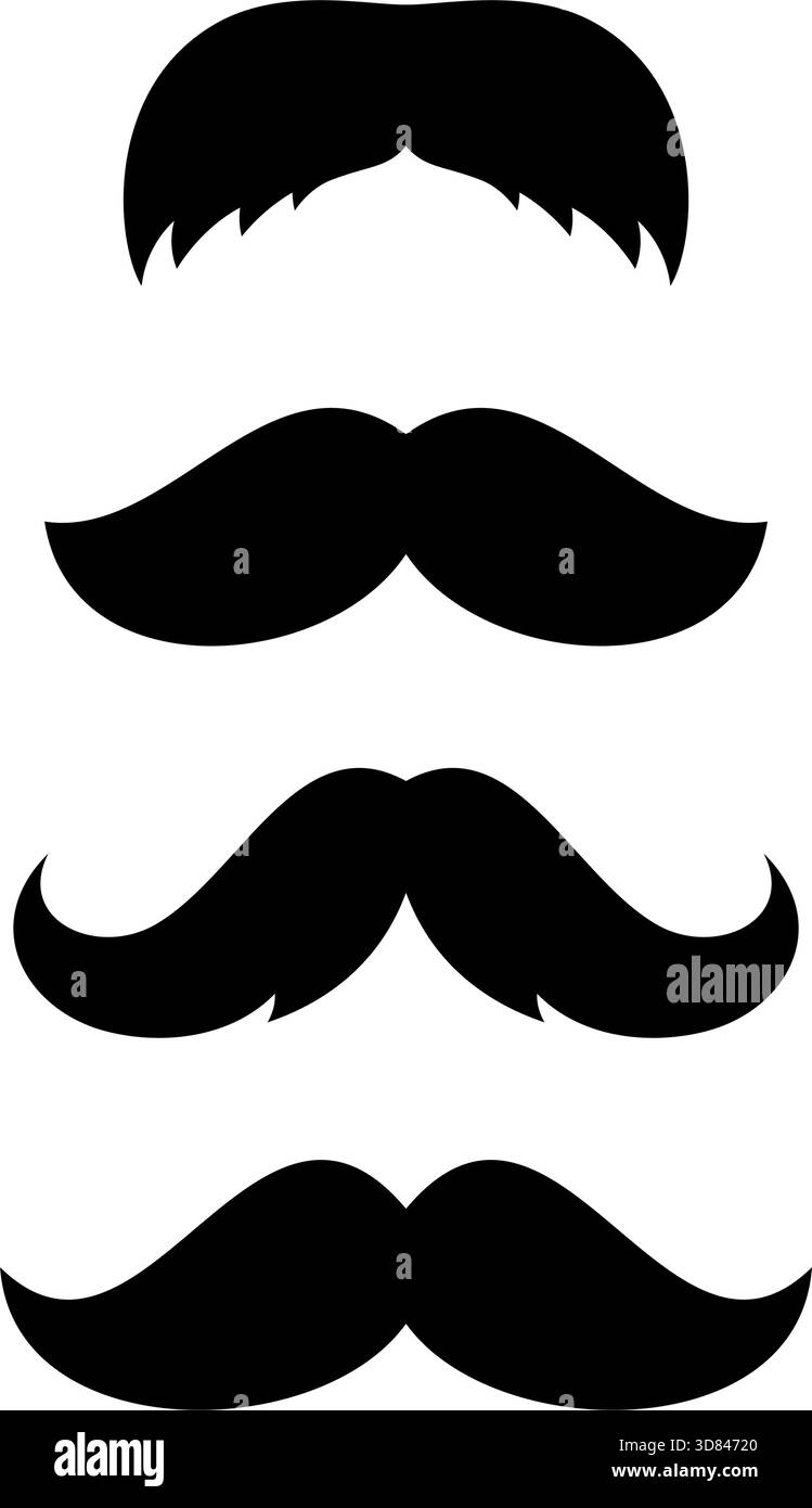 Set mit vier Schnurrbart-Silhouetten. Klassische schwarze Vektor-Schnurrbart im minimalistischen flachen Stil für Barbershop-Logos, Retro-Ikonen und Grafikdesign-Projekte. Stock Vektor