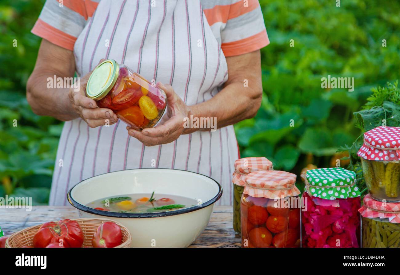Ältere Frau, die Gemüse in Gläsern konservieren. Selektiver Fokus. Essen. Stockfoto