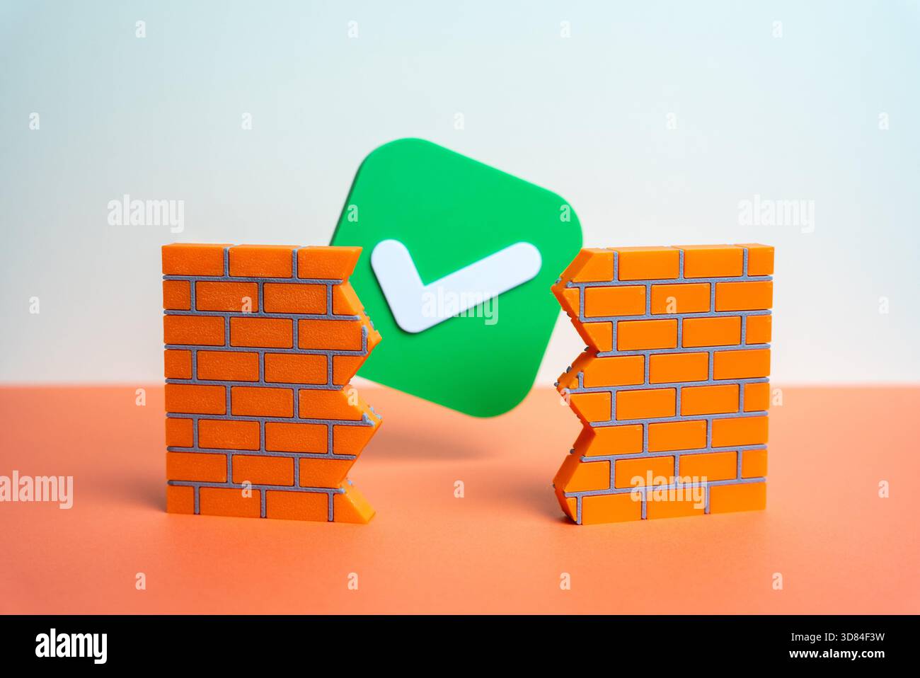 Das Kontrollkästchen Berechtigung zerlegt die Pinnwand. Überwinden Sie Barrieren. Lassen Sie sich genehmigen. Legalisierung. Digitale Transformation, Benutzerverifizierung und Freiheit durch Akzeptanz. Stockfoto