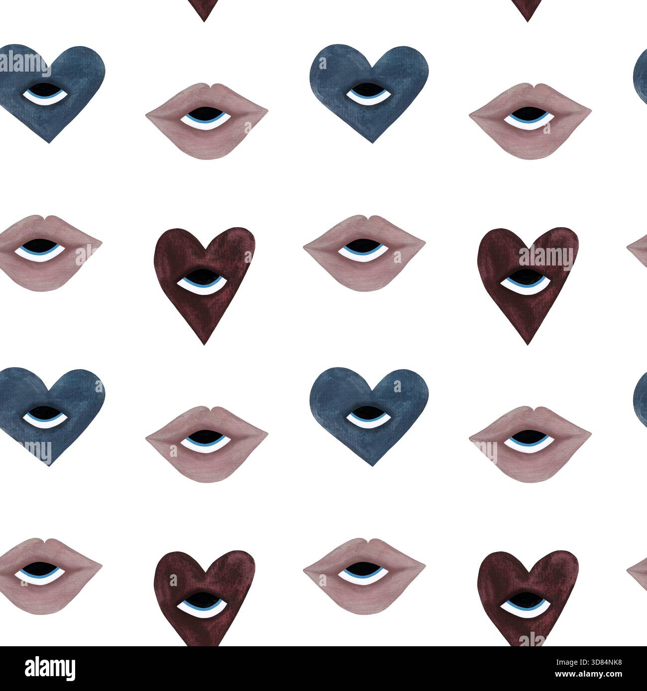 Verspieltes nahtloses Aquarellmuster mit stilvollen blauen und burgunderroten Herzen sowie bezaubernden hellrosa Lippen mit Augen, die alle über eine verstreut sind Stockfoto