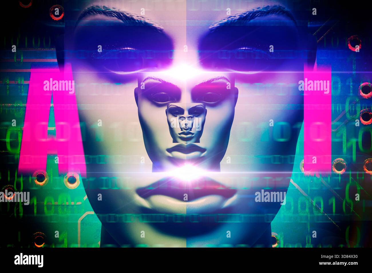 Weibliche Figur mit Binärcode und KI-Schriftzug, künstliche Intelligenz, Fotomontage Stockfoto