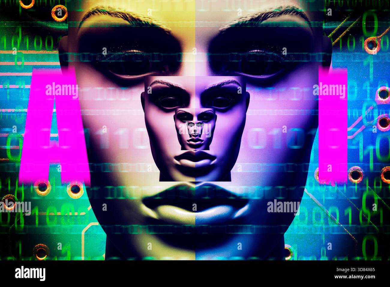 Weibliche Figur mit Binärcode und KI-Schriftzug, künstliche Intelligenz, Fotomontage Stockfoto