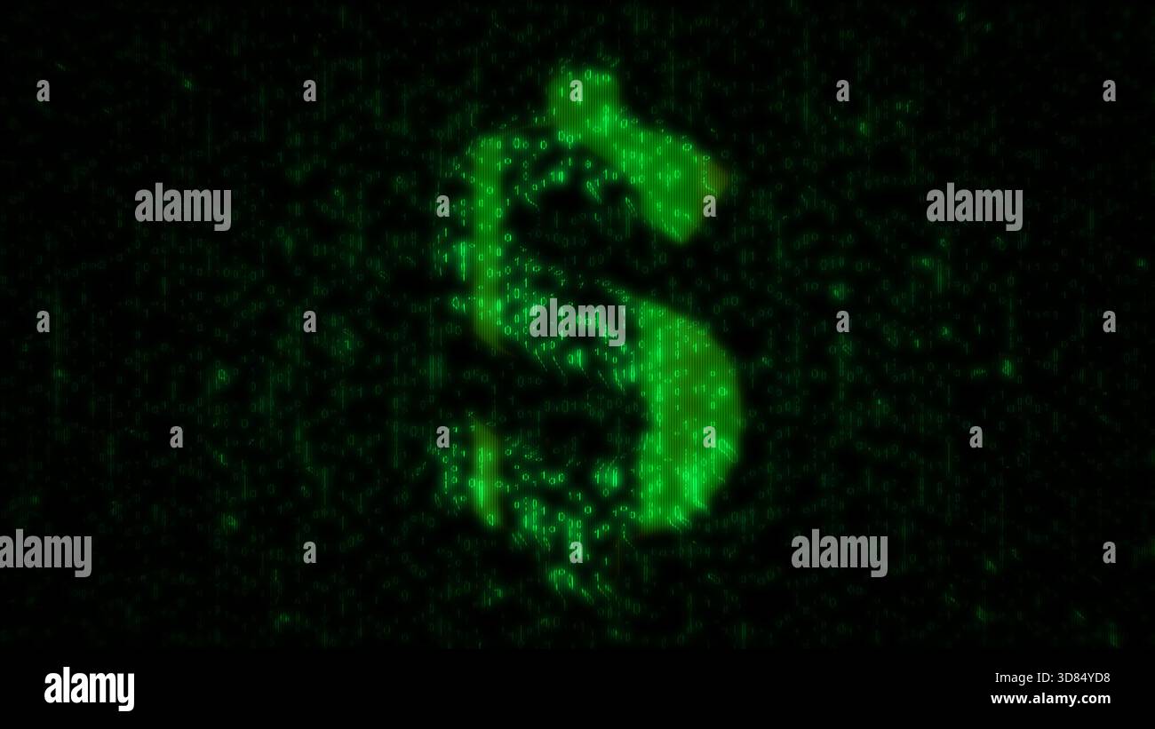 Dollar USD-Währung US-Geld-Symbol-Matrixstil. Abstraktes Konzept 3D-Illustration digitaler Symbole. Stockfoto