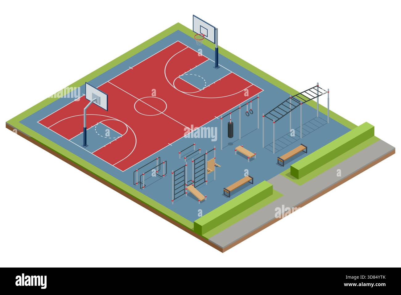 Basketballfeld. Isometrischer Basketballplatz im Freien mit Bleachern, Bäumen, Anzeigetafel und angrenzendem Parkplatz. Detaillierte Sportanlage Stock Vektor