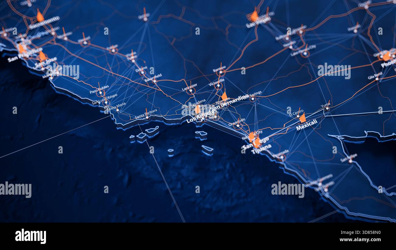 Los Angeles MAP Big Data Visualisierung. Futuristische Karte Infografik der Stadt in den USA. Komplexität visueller Kartendaten in modernen Blau- und Orange-Farben Stockfoto