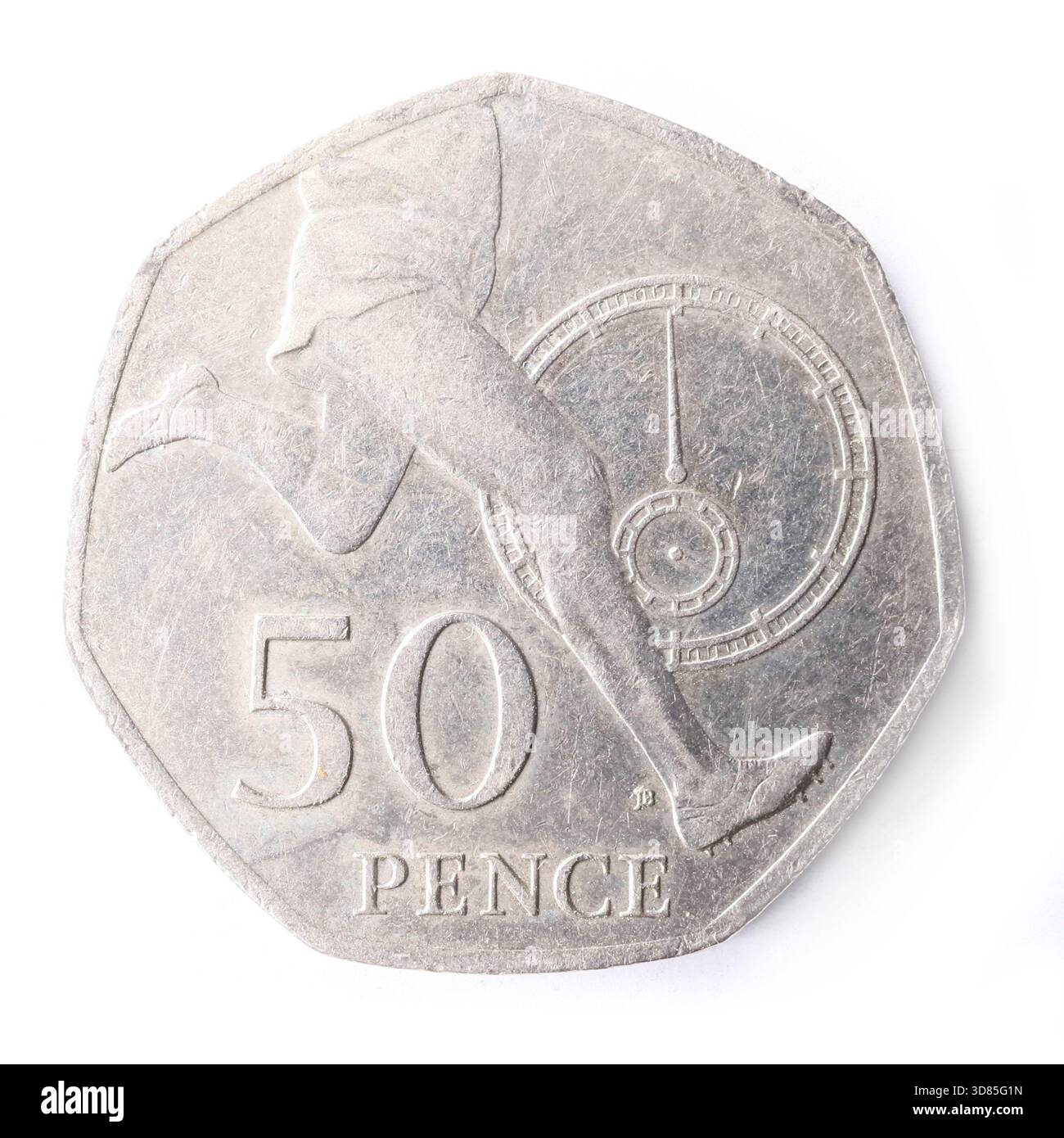 British Fifty Pence (50p) 2004, anlässlich des 50. Jahrestages von Sir Roger Bannisters Errungenschaft, die erste Meile unter vier Minuten zu laufen. Stockfoto