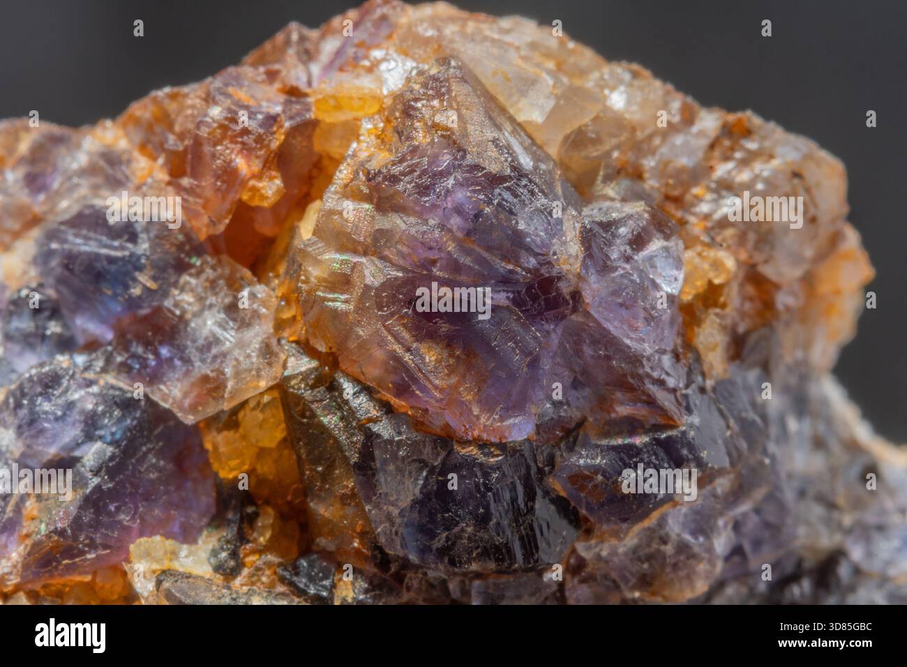 Diese Szene zeigt ein großes Gesteinsfragment mit Quarz- und Fluoritkristallen. Reflexionen und Farben von Mineralien erregen Aufmerksamkeit in der Natur Stockfoto