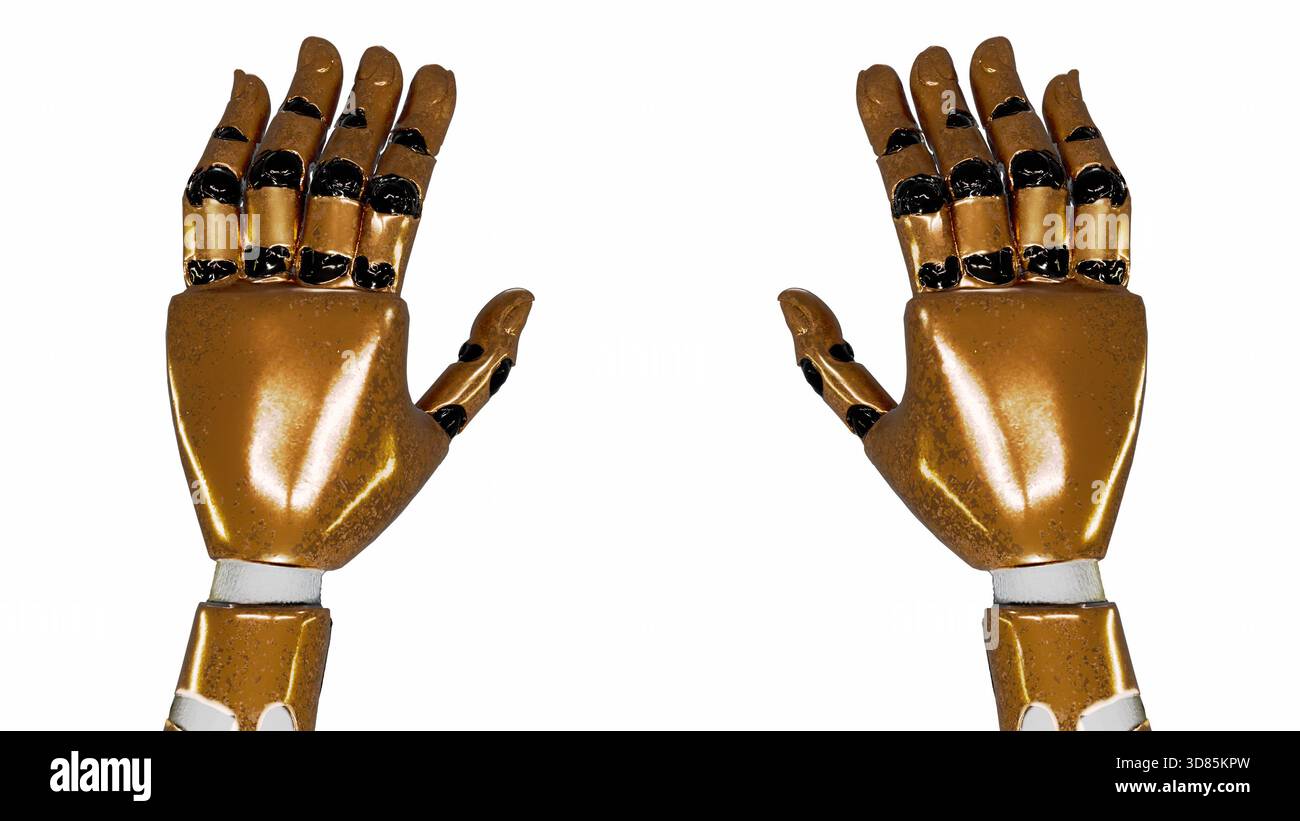 Roboterhände, Draufsicht, weißer Hintergrund. Stockfoto