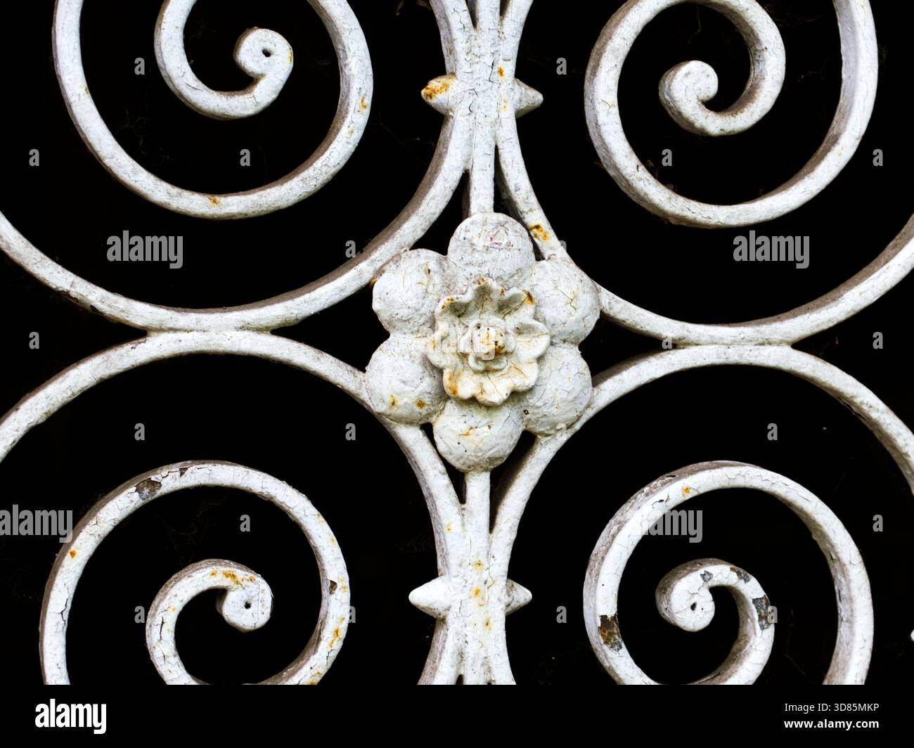 Weiße schmiedeeiserne Tür mit ornamentaler eiserner Blume Stockfoto
