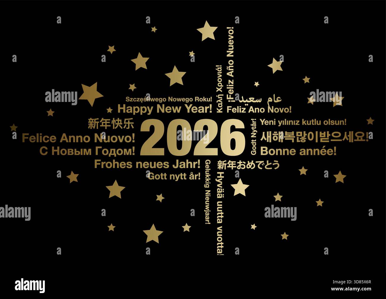 Happy New Year 2026 in verschiedenen Sprachen Wort Cloud Grußkarte Konzept auf dunklem Hintergrund, Vektorillustration Stock Vektor