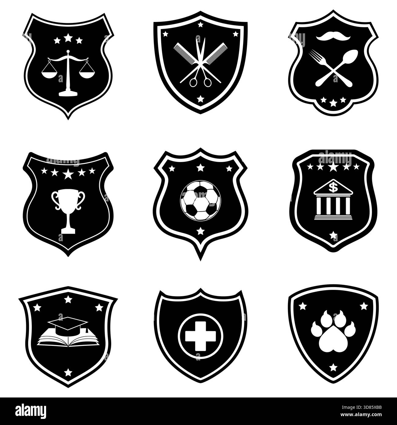 Abbildung einer Reihe von grafischen Design-Symbolen auf einem Schild mit Sternen auf weißem Hintergrund Stock Vektor