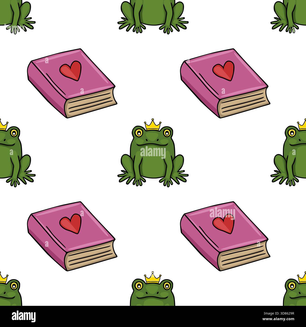 Nahtloses Vektormuster mit bezaubernden grünen Fröschen mit goldenen Kronen und rosa Büchern mit roten Herzen. Stock Vektor