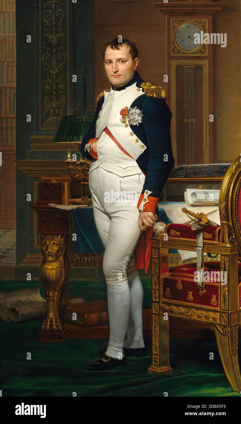 Napoléon dans son Cabinet de travail aux Tuileries (der Kaiser Napoleon in seiner Studie an den Tuilerien), 1812 Ölgemälde des französischen Künstlers Jacques-Louis David (1748–1825), das Napoleon Bonaparte um vier Uhr morgens zeigt, einen Herrscher, der unermüdlich am französischen Zivilrecht arbeitet. Stockfoto